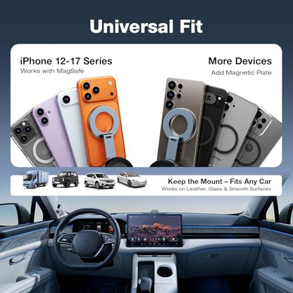 2026 Upgraded Aluminum Magnetic Car Phone Mount for MagSafe [80LBS Vacuum Suction, 3200gf Strong Magnet] 360° Adjustable Car Phone Holder for iPhone 17 16 15 14 13 Pro Max