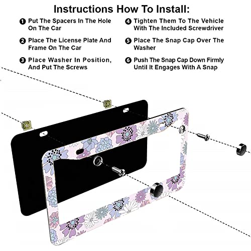 2Pcs Bright Purple Flower License Plate Frames Cover Holders Stainless Steel License Plate Cover with Screw Caps Cover and Screwdriver Set - 2-Hole for Girl Women (Bright Purple Flower) - color: Bright Purple Flower