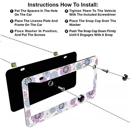 2Pcs Bright Purple Flower License Plate Frames Cover Holders Stainless Steel License Plate Cover with Screw Caps Cover and Screwdriver Set - 2-Hole for Girl Women (Bright Purple Flower) - color: Bright Purple Flower