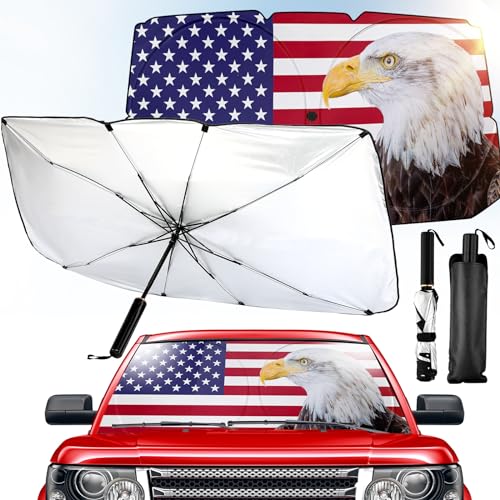 Riakrum Patriotic Eagle American Flag Car Windshield Sun Shade Umbrella Foldable UV Ray Windshield Sun Shade Car Front Window Sunshade Keep Vehicle Cool Heat Reflector, Fit Various Size