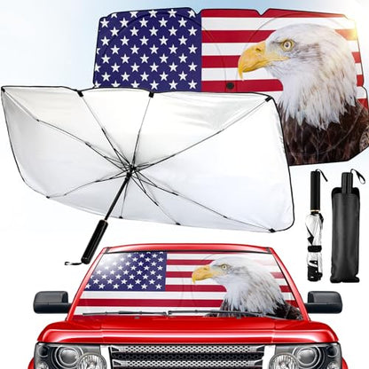 Riakrum Patriotic Eagle American Flag Car Windshield Sun Shade Umbrella Foldable UV Ray Windshield Sun Shade Car Front Window Sunshade Keep Vehicle Cool Heat Reflector, Fit Various Size