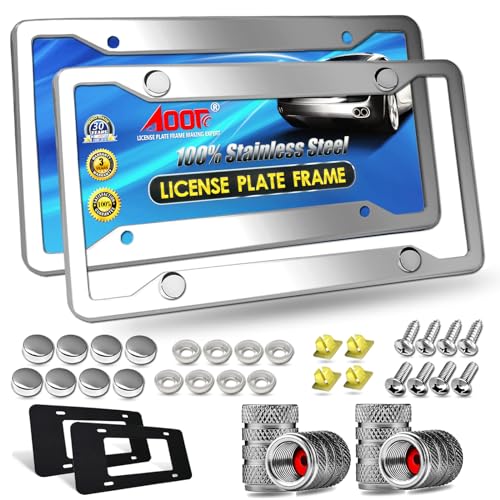 Aootf Stainless Steel License Plate Frames- Heavy Duty Polish Mirror Silver Car Tag Cover with Chrome Screw Caps, 4 Hole 2 Pack Front & Rear Holders for Women/Men, Tire Valve Caps, Rattle Proof Pads - color: 4 Hole Stainless Steel