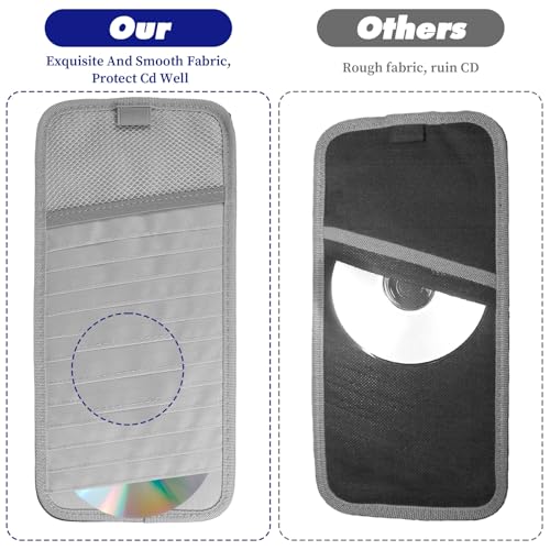 CD Visor Holder for Car, DVD Vehicle Visor Storage Organizer Gray Large Capacity CD Case with 12 Storage Sleeves, 1 Mesh Pocket, 1 Pen Loop & Elastic Strap