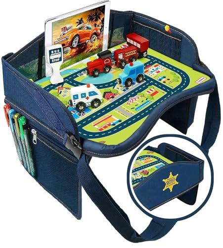 Coolmum Kids Travel Tray, Toddler Car Seat Tray, Double Sided Activity Organizer, Snack Lap Table, Baby Stroller Tray, Airplane Play Table, Waterproof and Foldable (Premium Blue) - color: Premium Blue