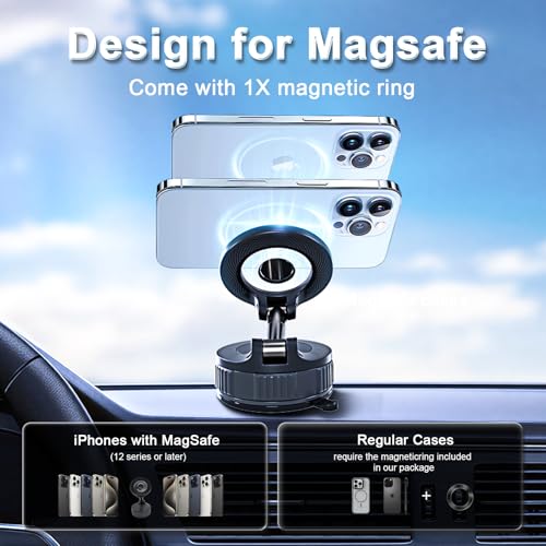 Magnetic Phone Holder for Car, 360° Rotation Magnetic Car Phone Mount, Vacuum Suction Dashboard Windshield Cell Phone Car Mount, Universal Tesla Magnetic Holder for MagSafe iPhone Android