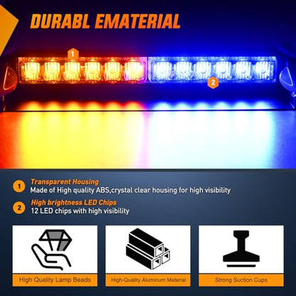 Nilight 12LED Traffic Advisor Strobe Light Bar Amber Blue Emergency Warning Hazard Safety Dash Front/Rear Windshield Flashing Lights for Cars Trucks Police Firefighter Plow Construction Vehicles - color: Amber Blue