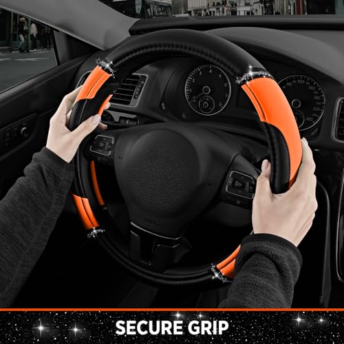 Road Comforts Leather Steering Wheel Cover - Made with PVC Leather - Anti-Slip, Universal Fit 14 1/2 inches to 15 inches - Orange - color: Orange