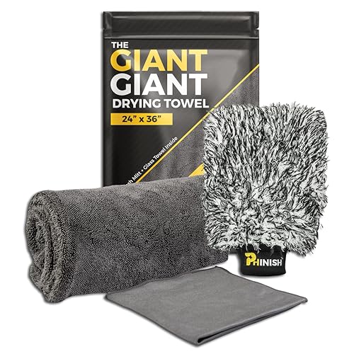 The Giant Giant 24"x36" Car Drying Towel – Ultra Absorbent 1200 GSM Twisted Loop Microfiber, Scratch-Free, Streak-Free, 70/30 Korean Blend – Includes Wash Mitt & Glass Towel for Auto Detailing