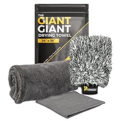 The Giant Giant 24"x36" Car Drying Towel – Ultra Absorbent 1200 GSM Twisted Loop Microfiber, Scratch-Free, Streak-Free, 70/30 Korean Blend – Includes Wash Mitt & Glass Towel for Auto Detailing