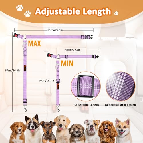 Removable Dog Seat Belt Harness for Car, 3 in 1 Pet Dog Car Seatbelt Leash, Retractable Restraint Secures to Vehicle Headrest & Adjustable Reflective Bungee Dog Seatbelt Tether, Purple and Black - color: Black+Purple
