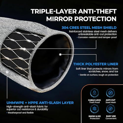 Anti-Theft Car Mirror Covers, UHMWPE-HPPE Level 5 & 304 Stainless Steel Mesh Protectors, Secure Bullet Lock & Steel Cable, Side Mirror Protection for Cars SUVs & Pickup Trucks