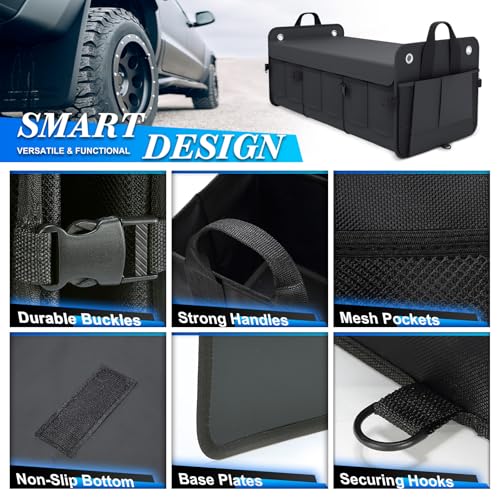 K KNODEL Car Trunk Organizer, Foldable Cover, Heavy Duty Collapsible Truck Storage Organizer, Car Cargo Trunk Organizer with Lid, 3 Compartments, with Straps (Black)