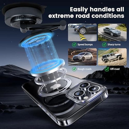 PIEPIE Magnetic Car Phone Holder Mount Heavy Duty Metal Dash/Windshield Large Suction Cup for Non-Smooth Leather/Plastic Surfaces, 360° Adjustable Phone Stand for iPhone Android Truck Car Accessories