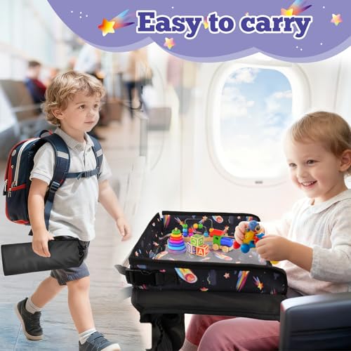 Airplane Tray Table Cover for Kids with Pockets, Foldable Tray Table Organizer for Toddler, Plane Travel Essentials Must-Haves for Train Buses High Chairs and Flying Supplies (Meteor Black)