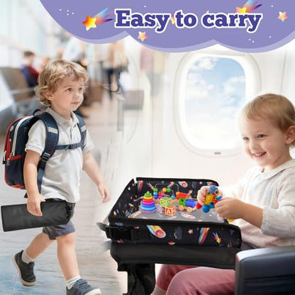 Airplane Tray Table Cover for Kids with Pockets, Foldable Tray Table Organizer for Toddler, Plane Travel Essentials Must-Haves for Train Buses High Chairs and Flying Supplies (Meteor Black)