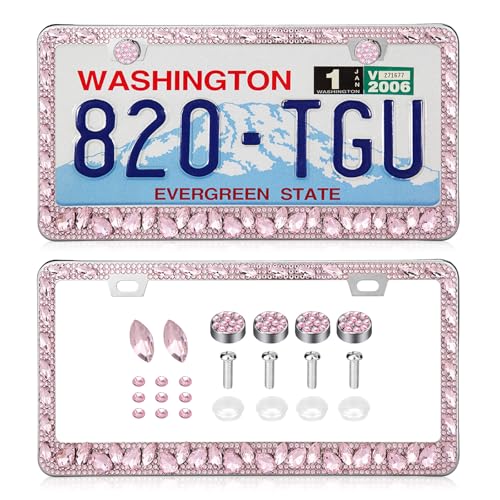 OKLPF Rhinestone Bling License Plate Frames for Women - Sparkle with Glitter Crystals & Diamond Bedazzled License Plate Cover, Fits Standard US Plates, Comes with Anti-Theft Screws & Gift Box(Pink) - color: Pink, size: 2pc