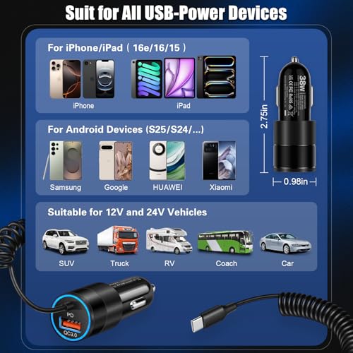 USB C Car Charger, 38W Dual Ports USBC & USB-A Cigarette Lighter Adapter Fast Charging Phone Plug with Bulit-in 1.2m Coiled Cable for iPhone 17 Pro Max,16,16e,15, 14, 13, Galaxy S25, S24, Pixel 7 - color: 1-Pack Black