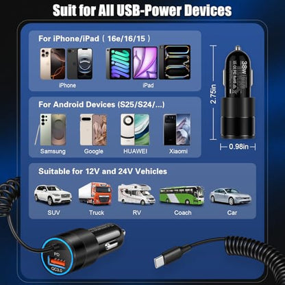 USB C Car Charger, 38W Dual Ports USBC & USB-A Cigarette Lighter Adapter Fast Charging Phone Plug with Bulit-in 1.2m Coiled Cable for iPhone 17 Pro Max,16,16e,15, 14, 13, Galaxy S25, S24, Pixel 7 - color: 1-Pack Black
