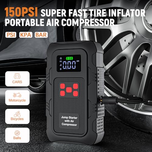 5000A Jump Starter with Air Compressor,A1 Car Jumper Starter with 150PSI Tire Inflator 12V Jump Box with LCD Display,Flashlight,Storage Case (Up 10L Gas/8L Diesel Engine - style: A1