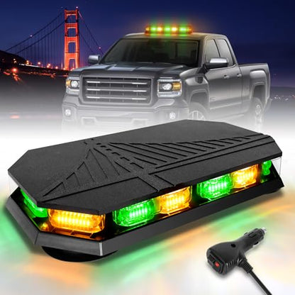 HLauto 406D Rooftop Emergency Strobe Lights Bar, 102 LED Amber Green Mini Beacon Safety Flashing Warning Traffic Lights Bar w/Magnetic Base for 12-24V Trucks, Construction Vehicles, Snowplow, Cars - color: Amber/Green