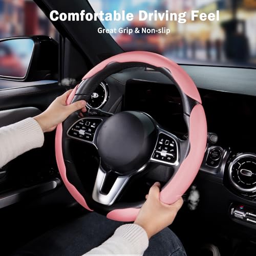 Nappa Leather Car Steering Wheel Cover for Men Women, Ultra-Thin Non-Slip Breathable Microfibre, Universal for 14.5"-15" Steering Wheel - Pink - color: Pink