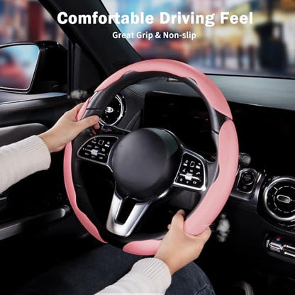 Nappa Leather Car Steering Wheel Cover for Men Women, Ultra-Thin Non-Slip Breathable Microfibre, Universal for 14.5"-15" Steering Wheel - Pink - color: Pink