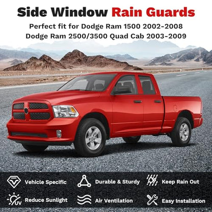 Canvcle Ram Rain Guards - Window Visors for 2002-2008 Dodge Ram 1500/03-09 Ram 2500/3500 Quad Cab,Outside-Mount Tape-On Side Window Wind Deflectors for Ram Accessories,Vent Visors Shades - size: Dodge Ram 1500 2002-2008