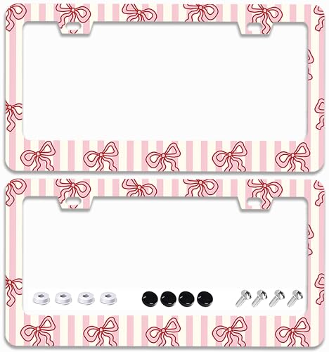 2 Pcs Cute Pink Bow License Plate Frames - 2 Holes Stainless Steel Metal Auto Car Accessories Decoration License Plate Frame Cover Size 6.3" x 12.2" Fit US Vehicles for Women Men Gift - color: Pink Bow