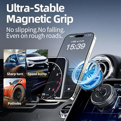 Vacuum Magnetic Car Phone Holder Compatible with MagSafe, 360° Adjustable Reinforced 110+LBS Suction Cup Phone Mount, Foldable Car Phone Holder for iPhone 17 Pro Max/16/15/14/13/12 & Android - color: Space Gray