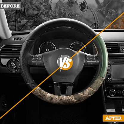 Mossy Oak Full Camo Steering Wheel Cover - Made from Premium Leather, Universal Fit for 14 1/2 to 15 inches - Official Licensed Product - Green Color - color: GREEN