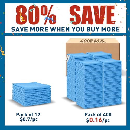 TEAWOO Blue Microfiber Towels Bulk-400 Pack, Cleaning Cloths Bulk, Microfiber Towels for Cars, Cleaning Rags Blue (12x12 inches) - color: Blue, size: 400 Pack