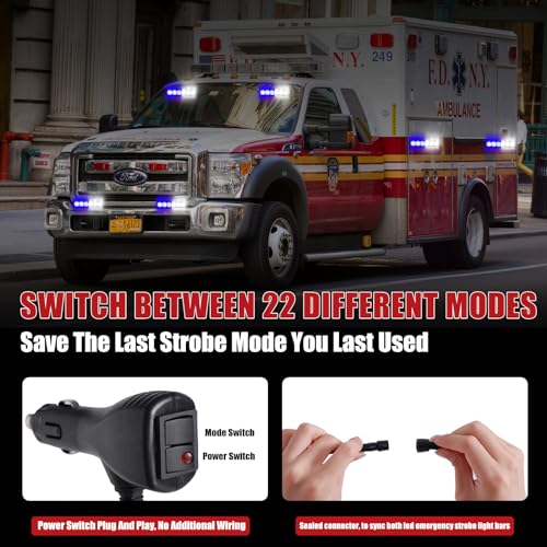 2X 6.1 inch Blue White Emergency Strobe Lights 12 LED Hazard Warning Flashing Safety Dash Front/Rear Windshield Lights Grill Surface Mount for Police Firefighter Ambulance Vehicles Trucks - color: Blue/White