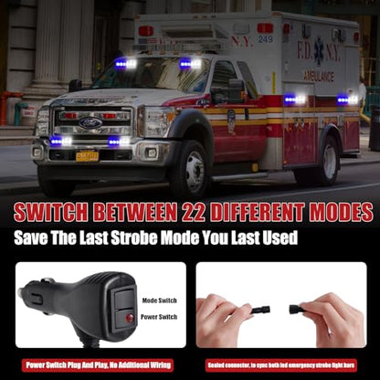 2X 6.1 inch Blue White Emergency Strobe Lights 12 LED Hazard Warning Flashing Safety Dash Front/Rear Windshield Lights Grill Surface Mount for Police Firefighter Ambulance Vehicles Trucks - color: Blue/White