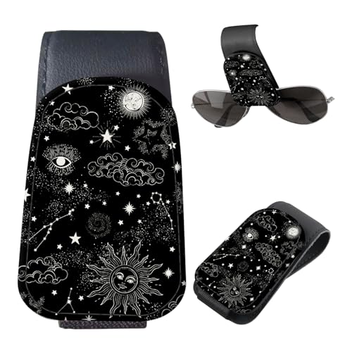 Sunglasses Holder for Car Visor, PU Leather Glasses Clip Organizer, Cute Magnetic Eyeglass Holder for Vehicle Sun Visor, Car Interior Accessory for Women & Men Black Celestial Sun Moon - color: Black Celestial Sun Moon