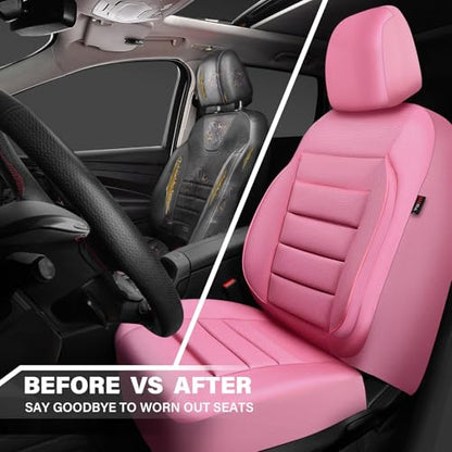 CAR PASS Pink Leather Seat Covers Full Set Universal Water Resistant 3D Foam Back Support, Luxury Comfort Automotive 5 Seat Covers for Women All Season Fit SUV,Sedan,Van, Airbag Compatible Pink - color: All Pink