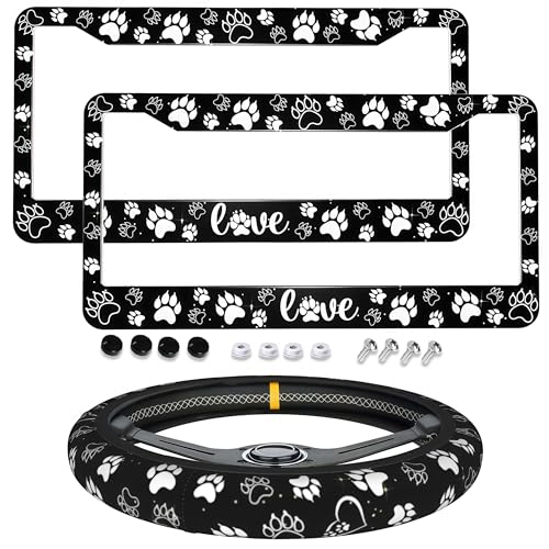 Paw Print License Plate Frame Love Dog Paw Print Steering Wheel Cover Funny Cars Decor Aluminum Fits Us Ca Car Vehicles - color: Dog Paw