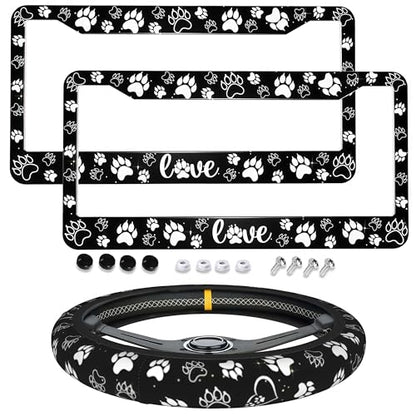 Paw Print License Plate Frame Love Dog Paw Print Steering Wheel Cover Funny Cars Decor Aluminum Fits Us Ca Car Vehicles - color: Dog Paw