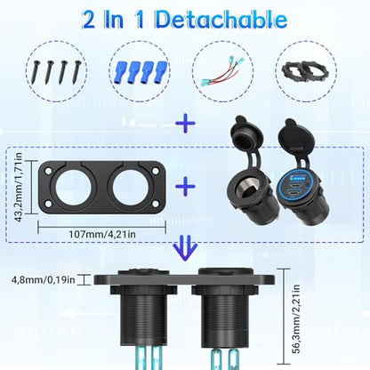 Cigarette Lighter Socket Qidoe 12V Splitter Panel 78W 12V USB Outlet Dual USB C PD&QC3.0 Car Charger Socket ON/Off Switch Waterproof 300W Power Cigarette USB Adapter for Car Marine RV - color: 2 in 1 - 3 USB