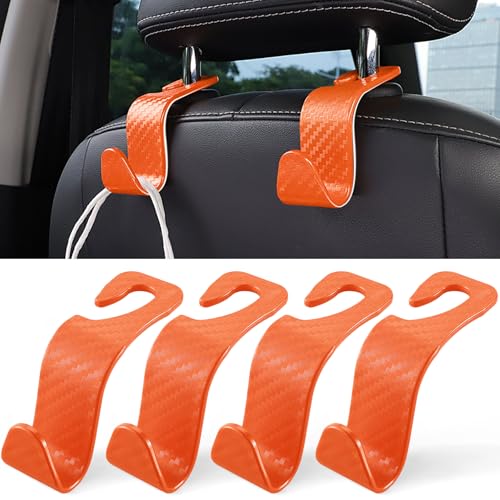 LivTee Car Purse Hook, 4 Pack Universal Auto Seat Headrest Hook Hangers Organizer for Coats, Umbrellas, Groceries - Carbon Fiber Orange - color: Orange-CF
