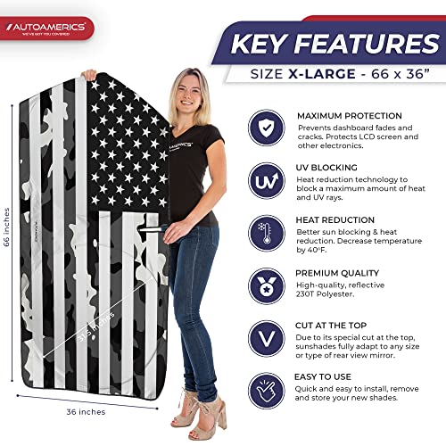 Autoamerics Truck Windshield Sun Shade with Storage Pouch & Anti-Slip Dash Pad - Foldable B&W Camo USA Flag Design - Fits Most SUVs & Trucks - Blocks UV Rays and Keeps Car Cool | XL (66 x 36 inches) - color: USA B&W CAMO FLAG, size: X-LARGE = 66 x 36 inch