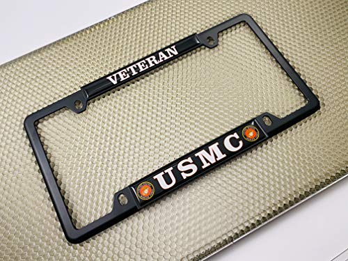 [Officially Licensed US Marine Corps Product] - USMC Veteran - Domed Custom-Made Personalized Narrow (Thin) Top 4 Hole Metal Car License Plate Frame with Free caps - Black Frame (Qty: 1) - color: Black - Style 1