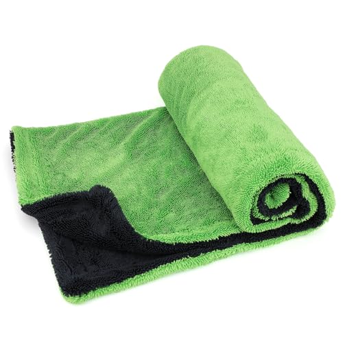 1200GSM Microfiber Car Drying Towel, Double-Twist Loop, Ultra-Absorbent, Quick-Dry, Lint- & Streak-Free, Scratch-Safe, for Car Wash & Detailing (1 Pack) (Dark Grey & Green, 24" x 36") - color: Dark Grey & Green, size: 24" x 36"