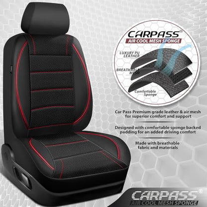 CAR PASS Mesh Leather Car Seat Covers Full Set,Breathable Mesh Faux Leather Seat Covers for Car, Universal Fit for SUV Truck Sedan Automotive, Airbag Compatible, Black and Red - color: Red Black Mesh Leather