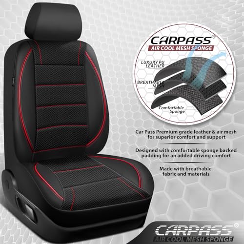 CAR PASS Mesh Leather Car Seat Covers Full Set,Breathable Mesh Faux Leather Seat Covers for Car, Universal Fit for SUV Truck Sedan Automotive, Airbag Compatible, Black and Red - color: Red Black Mesh Leather