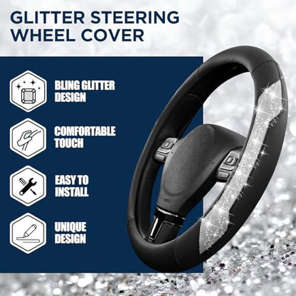 PIC AUTO Steering Wheel Cover, Silver Sparkly Crystal Bling Glitter with Leather, Universal Fit 14.5"-15.5" Car Steering Wheels for Girls & Women, Anti-Slip Wheels Cover for Cars, Trucks, Van, SUVs - color: Silver Glitter