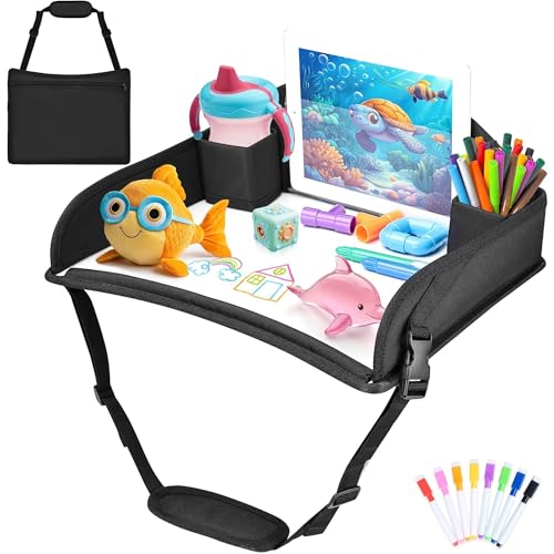 Kids Travel Tray for Toddler Carseat, Road Trip Activities Essentials for Toddler, Kids Lap Desk Tray with Tablet Holder Stand ＆ Dry Erase Board (Black) - color: Black