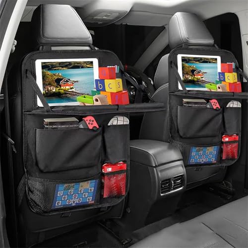 Car backseat organizer,with tablet holder, 6 storage pockets, foldable food tray, car seat back protectors kick mats, travel accessories, black (2)