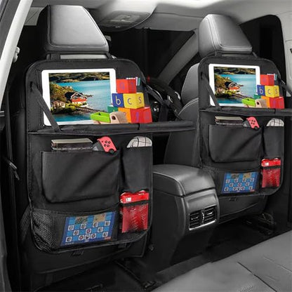 Car backseat organizer,with tablet holder, 6 storage pockets, foldable food tray, car seat back protectors kick mats, travel accessories, black (2)