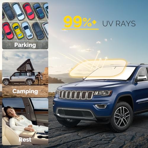 Car Windshield Sun Shade Compatible with 2014-2024 2025 2026 Jeep Grand Cherokee Accessories Foldable Front Window Sunshade Custom Windshield Sun Visor - size: For 2014-2026 Jeep Grand Cherokee