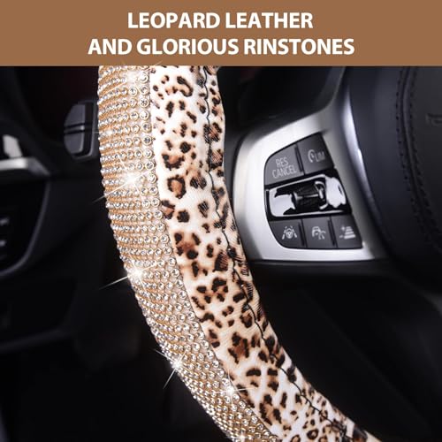 AUTOYOUTH Leopard Print Steering Wheel Cover - Bling Crystal Rhinestones Cheetah Print on PVC Leather Non-Slip Breathable Design for Women/Girls Universal Fit 14.5-15 Inch - color: GOLD